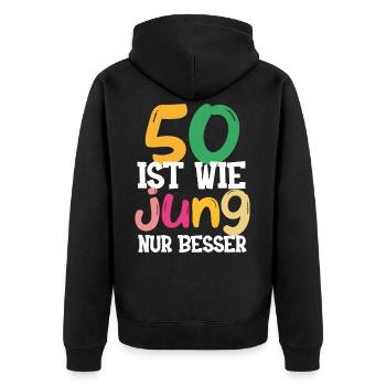 50 Geburtstag Geschenk zum runden Geburtstag - Unisex Premium Bio Zip Hoodie - Schwarz - Hinten - Nico (187cm)