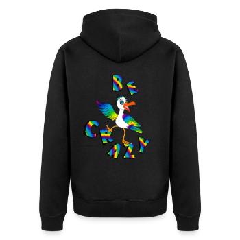 BE CRAZY Regenbogen Schriftzug mit Moewe - Unisex Premium Bio Zip Hoodie - Schwarz - Hinten - Nico (187cm)