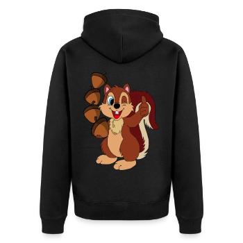 Eichhoernchen mit Haselnuessen und Daumen hoch - Unisex Premium Bio Zip Hoodie - Schwarz - Hinten - Nico (187cm)