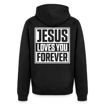jesus liebt dich - Unisex Premium Bio Zip Hoodie - Schwarz - Hinten - Nico (187cm)