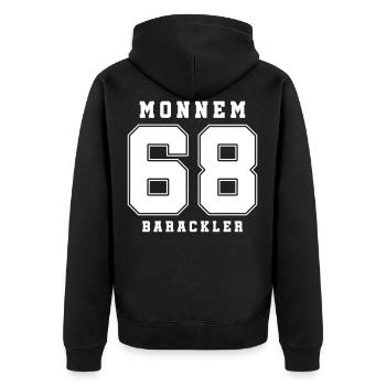 mannheimer shirt comedian mannheim uffbasse 68 - Unisex Premium Bio Zip Hoodie - Schwarz - Hinten - Nico (187cm)