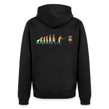 Disc Golf Evolution Retro - Unisex Premium Bio Zip Hoodie - Schwarz - Hinten - Nico (187cm)