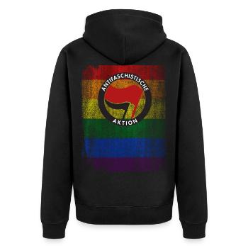 ANTIFASCHISTISCHE AKTION GEGEN FASCHISMUS - Unisex Premium Bio Zip Hoodie - Schwarz - Hinten - Nico (187cm)