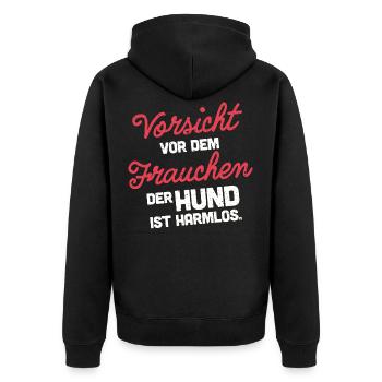 Vorsicht vor dem Frauchen - Unisex Premium Bio Zip Hoodie - Schwarz - Hinten - Nico (187cm)
