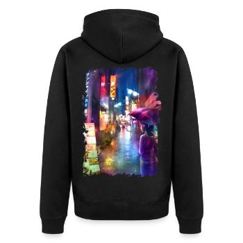 Tokio Gasse - modern Japan - Unisex Premium Bio Zip Hoodie - Schwarz - Hinten - Nico (187cm)