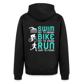 Triathlon Swim Bike Run Spruch - Unisex Premium Bio Zip Hoodie - Schwarz - Hinten - Nico (187cm)