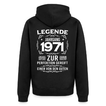 Legende, Jahrgang 1971, zur Perfektion gereift - Unisex Premium Bio Zip Hoodie - Schwarz - Hinten - Nico (187cm)