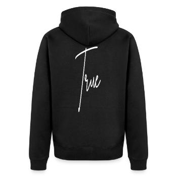 True Statement Wahrheit - Unisex Premium Bio Zip Hoodie - Schwarz - Hinten - Nico (187cm)