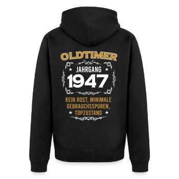 Oldtimer Jahrgang 1947 Vintage Design - Unisex Premium Bio Zip Hoodie - Schwarz - Hinten - Nico (187cm)