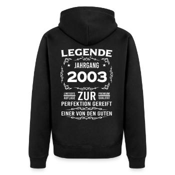 Legende, Jahrgang 2003, zur Perfektion gereift - Unisex Premium Bio Zip Hoodie - Schwarz - Hinten - Nico (187cm)