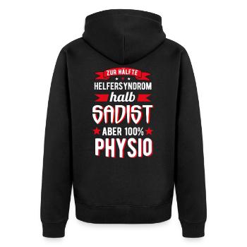 Physiotherapeut Physiotherapie Physiolustig - Unisex Premium Bio Zip Hoodie - Schwarz - Hinten - Nico (187cm)