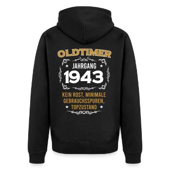 Oldtimer Jahrgang 1943 Vintage Design - Unisex Premium Bio Zip Hoodie - Schwarz - Hinten - Nico (187cm)