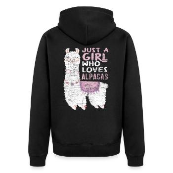 Lama Alpaka Frau - Unisex Premium Bio Zip Hoodie - Schwarz - Hinten - Nico (187cm)
