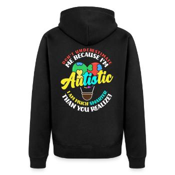 Autismus Unterschätze nicht einen Autisten - Unisex Premium Bio Zip Hoodie - Schwarz - Hinten - Nico (187cm)