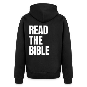 Lies die Bibel Christliche Geschenke - Unisex Premium Bio Zip Hoodie - Schwarz - Hinten - Nico (187cm)