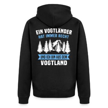 Vogtländer Spruch Vogtland hat recht - Unisex Premium Bio Zip Hoodie - Schwarz - Hinten - Nico (187cm)