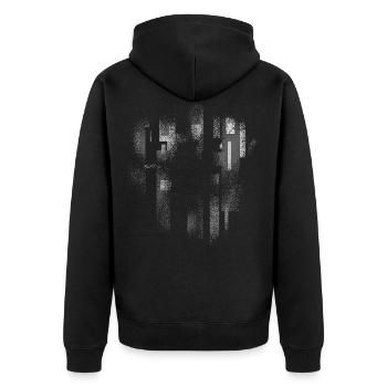 Hintergrund (Grau) mit Loch VINTAGE - Rahmen - Unisex Premium Bio Zip Hoodie - Schwarz - Hinten - Nico (187cm)