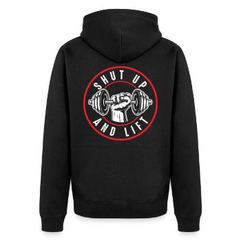 hantel gym fit - Unisex Premium Bio Zip Hoodie - Schwarz - Hinten - Nico (187cm)