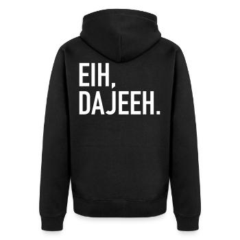 Trier Eih Dajeeh Spruch Mosel Trierer Platt Lustig - Unisex Premium Bio Zip Hoodie - Schwarz - Hinten - Nico (187cm)