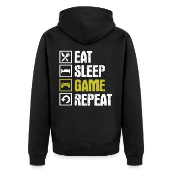 eat sleep game repeat - Unisex Premium Bio Zip Hoodie - Schwarz - Hinten - Nico (187cm)