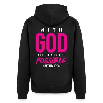 everything is possible with God - Unisex Premium Organic Zip Hoodie - black - Back - Nico (187cm)