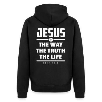 Jesus Spruch Glaube Geschenk - Unisex Premium Bio Zip Hoodie - Schwarz - Hinten - Nico (187cm)