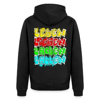 leben lieben etc weiss - Unisex Premium Bio Zip Hoodie - Schwarz - Hinten - Nico (187cm)