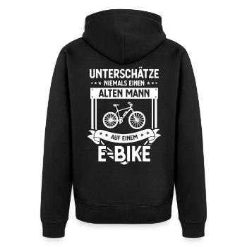 UNTSCHATZE NIEMALS EINEN ALTEN MANN auf EIEM E-Bik - Unisex Premium Bio Zip Hoodie - Schwarz - Hinten - Nico (187cm)