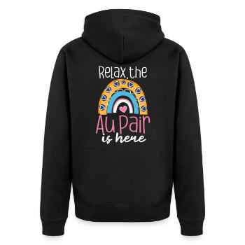 Au Pair Relax Das Au Pair ist da - Unisex Premium Bio Zip Hoodie - Schwarz - Hinten - Nico (187cm)
