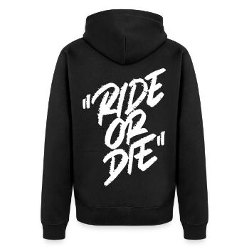 Ride or Die Handlettering Typograhpie Logo - Unisex Premium Bio Zip Hoodie - Schwarz - Hinten - Nico (187cm)