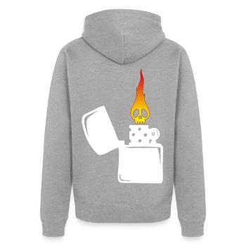 Flammenschädel und weißes Feuerzeug - Unisex Premium Bio Zip Hoodie - Grau meliert - Hinten - Nico (187cm)