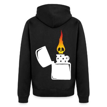 Flammenschädel und weißes Feuerzeug - Unisex Premium Bio Zip Hoodie - Schwarz - Hinten - Nico (187cm)