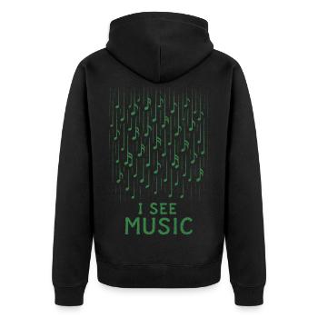 Je vois de la musique : une pluie de notes abstraites - Veste à capuche bio Premium Unisexe - noir - Dos - Nico (187cm)