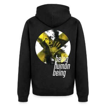 ThinkBick_being_human_being_2026_5 - Unisex Premium Bio Zip Hoodie - Schwarz - Hinten - Nico (187cm)