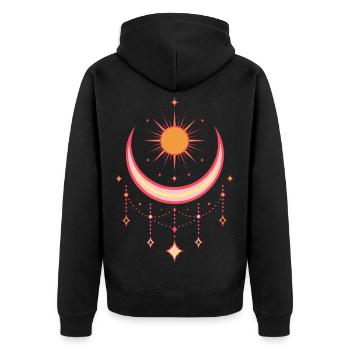 Mittsommer Sonne und Mond – Boho Symbolmotiv - Unisex Premium Bio Zip Hoodie - Schwarz - Hinten - Nico (187cm)