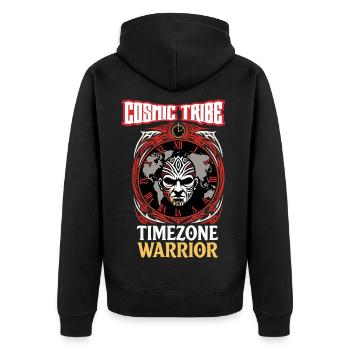COSMIC TRIBE – Time Zone Warrior - Unisex Premium Organic Zip Hoodie - black - Back - Nico (187cm)