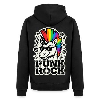 Punk Rock Einhorn - Regenbogen Irokese - Unisex Premium Bio Zip Hoodie - Schwarz - Hinten - Nico (187cm)