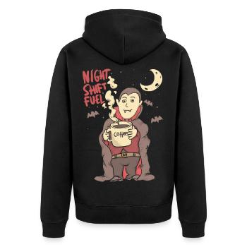 night shift fuell - draculla coffee - Unisex Premium Bio Zip Hoodie - Schwarz - Hinten - Nico (187cm)