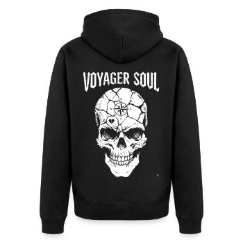Reisendes Schädel: Seele der Expedition - Unisex Premium Bio Zip Hoodie - Schwarz - Hinten - Nico (187cm)
