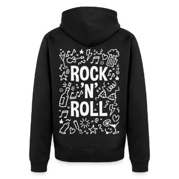 Rock 'n' Roll (Musik / Party / Scribble / White) - Unisex Premium Bio Zip Hoodie - Schwarz - Hinten - Nico (187cm)