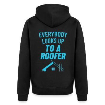 Everyone looks to a roofer Welder Tischle - Unisex Premium Organic Zip Hoodie - black - Back - Nico (187cm)