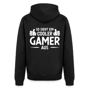 SOHT EIN COOLER GAMER AUS - - Unisex Premium Bio Zip Hoodie - Schwarz - Hinten - Nico (187cm)