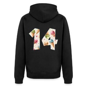 EISCREME NUMMER 14 JAHRE EIS 14. GEBURTSTAG - Unisex Premium Bio Zip Hoodie - Schwarz - Hinten - Nico (187cm)