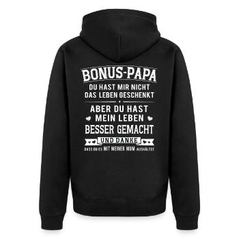 Herren Bonus Papa Leben besser StiefvaterGeschenk - Unisex Premium Bio Zip Hoodie - Schwarz - Hinten - Nico (187cm)