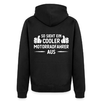 Sowohl ein Kühler Motorradfahrer AUS - (MOTORRAD) - Unisex Premium Bio Zip Hoodie - Schwarz - Hinten - Nico (187cm)