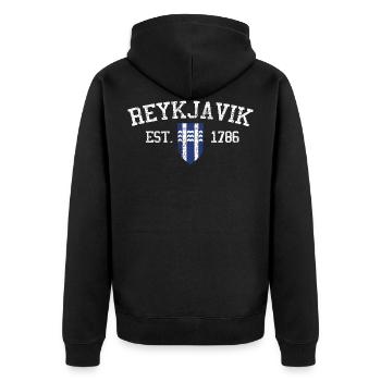 REYKJAVIK RETRO SHIRT - Unisex Premium Bio Zip Hoodie - Schwarz - Hinten - Nico (187cm)