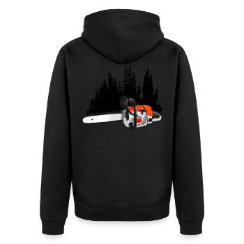 Dein Forstbetrieb - Motorsäge & Wald (Orange) - Unisex Premium Bio Zip Hoodie - Schwarz - Hinten - Nico (187cm)