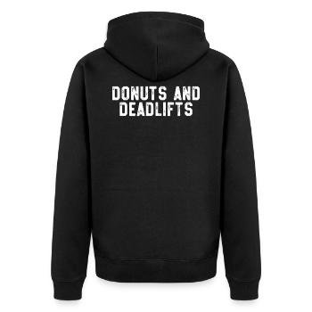 Donuts und Deadlifts - lustige Powerlifting Geschenk - Unisex Premium Bio Zip Hoodie - Schwarz - Hinten - Nico (187cm)