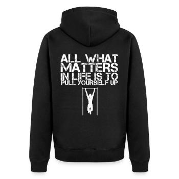 Calisthenics Bar Street Workout Muscle Up Geschenk - Unisex Premium Bio Zip Hoodie - Schwarz - Hinten - Nico (187cm)