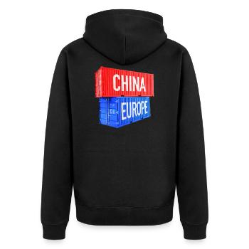Europa und China Container - Euro, EU, Welt - Unisex Premium Bio Zip Hoodie - Schwarz - Hinten - Nico (187cm)